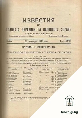 Известия на Главната дирекция на народното здраве. Бр. 82-121 / 1931-1933 — корица